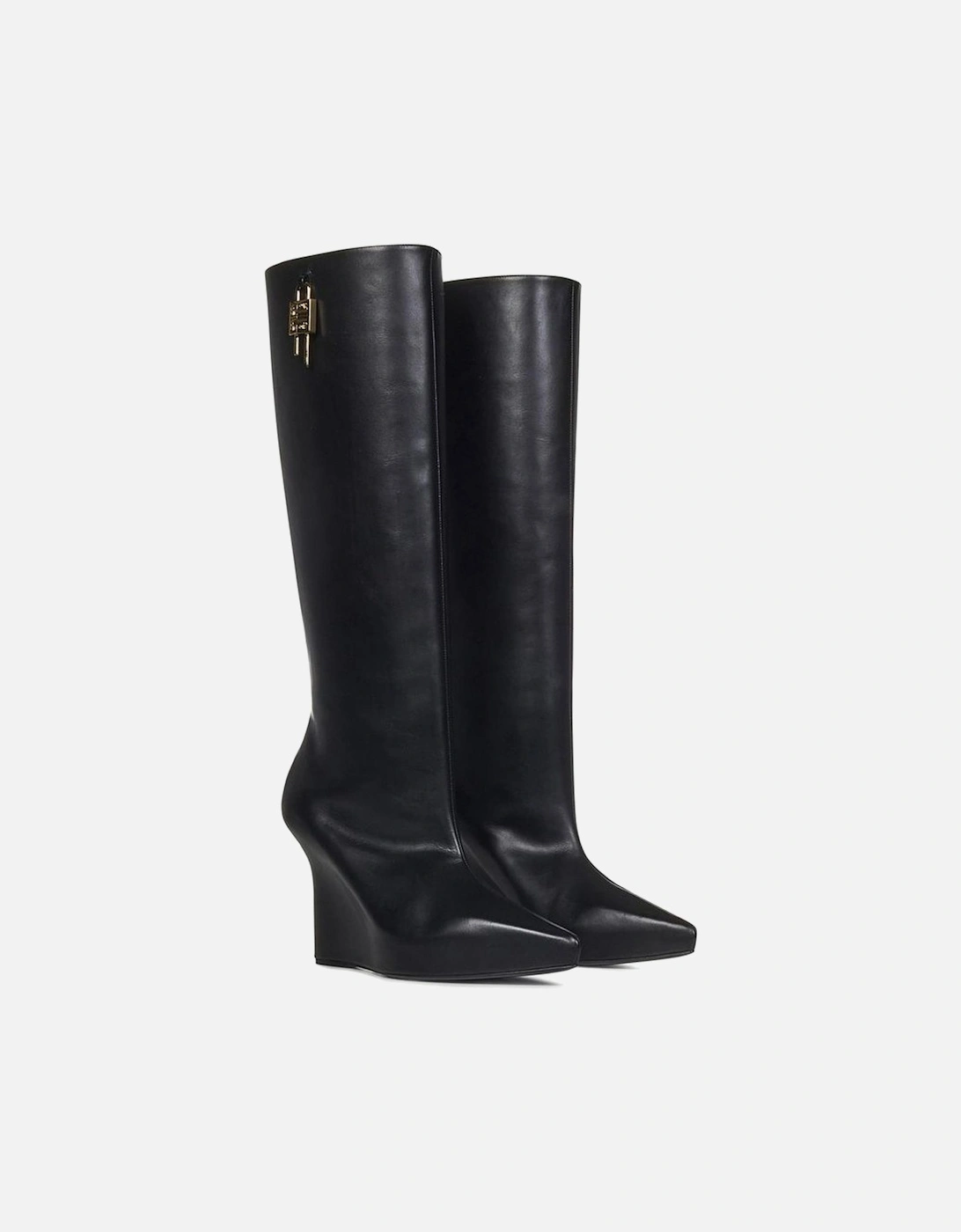 Gold-tone Lock Pointed Toe Leather Slip Ons Women - Black Boots