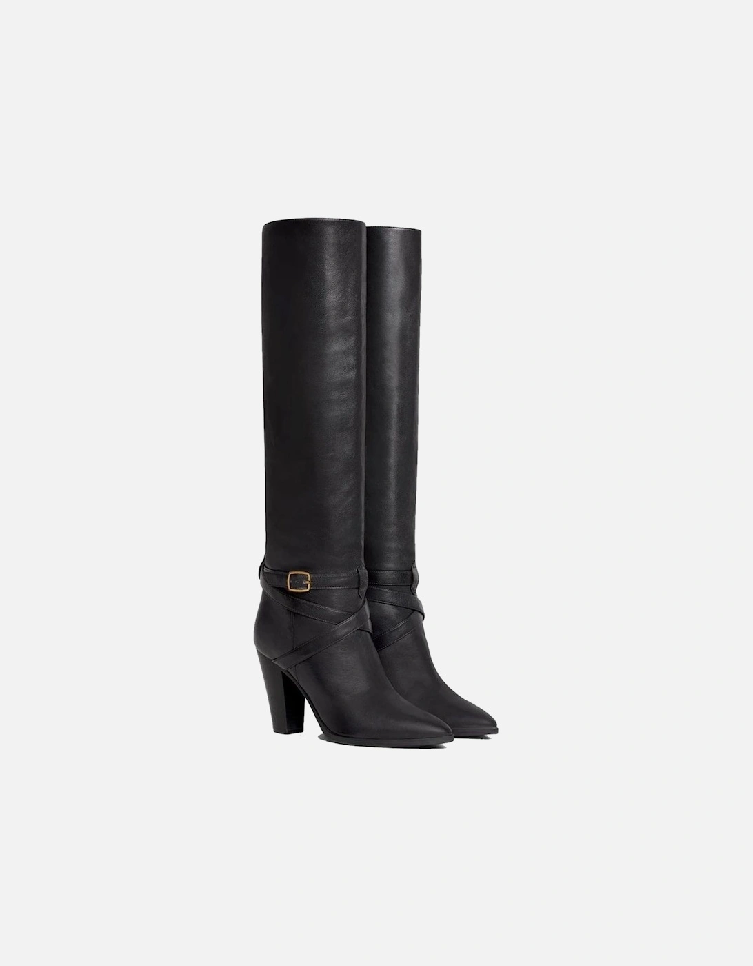 Calf Leather Heeled Sandals with Gold Buckle Women - Black Boots