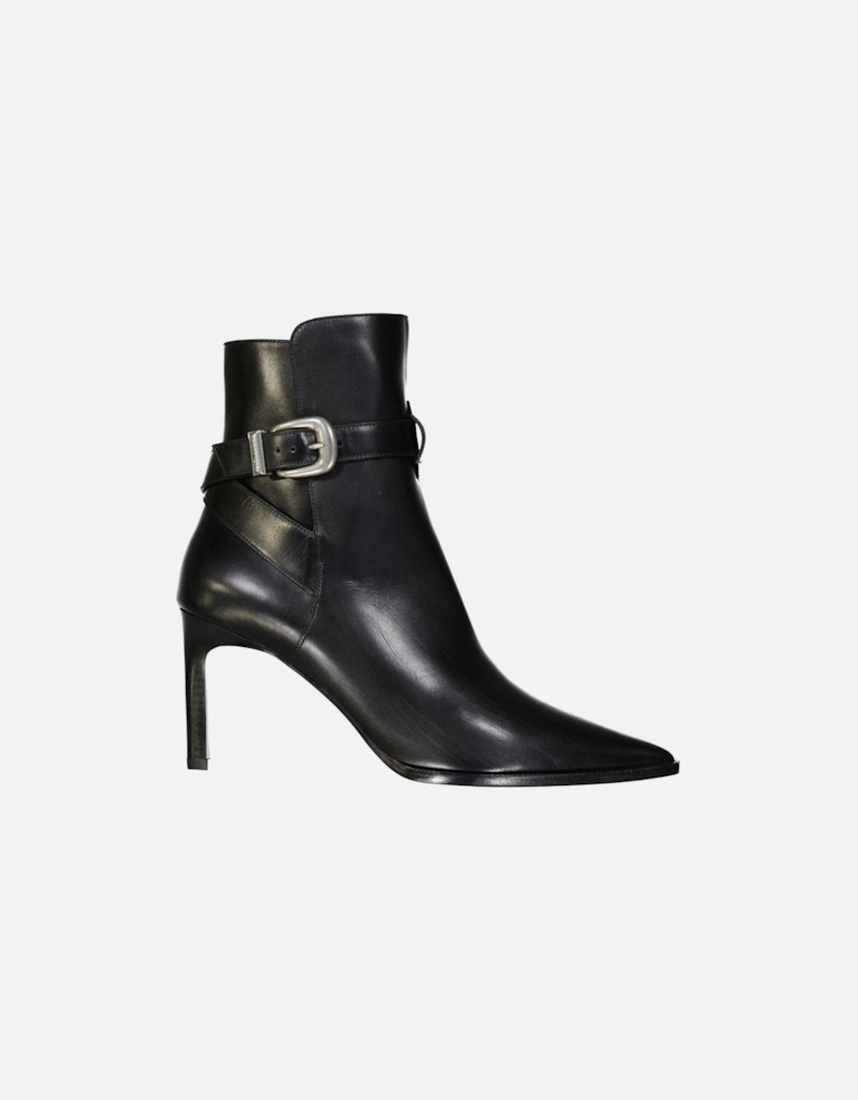 Pointed Toe Leather Ankle Strap Heels Women - Black Boots