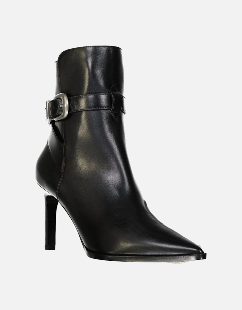 Pointed Toe Leather Ankle Strap Heels Women - Black Boots