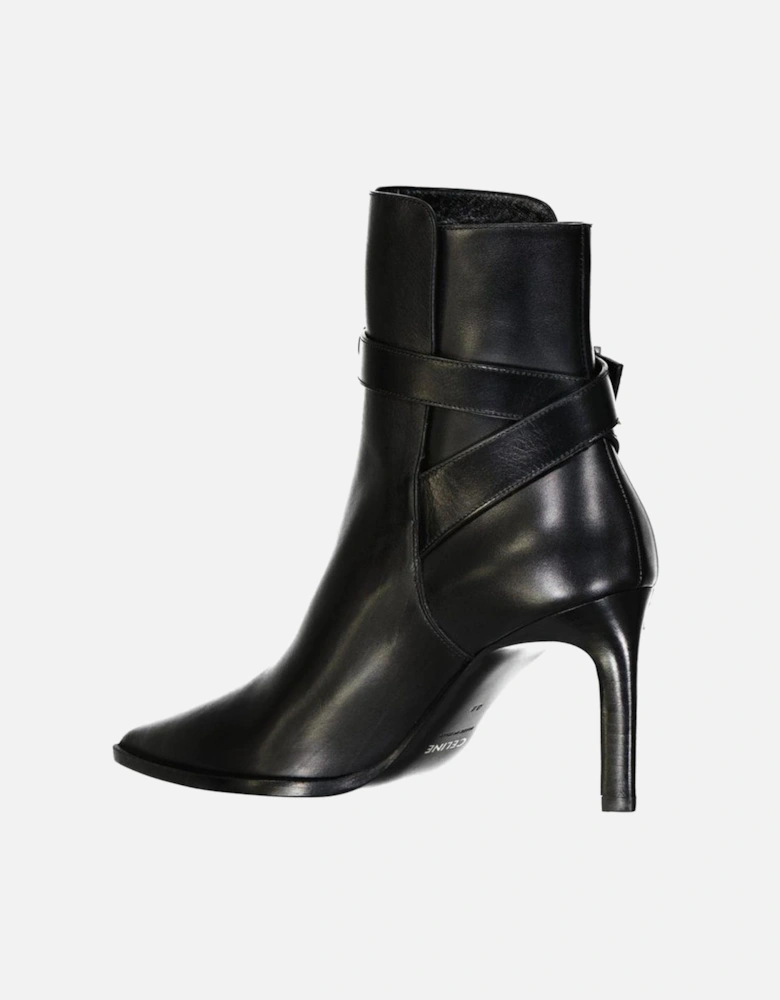 Pointed Toe Leather Ankle Strap Heels Women - Black Boots