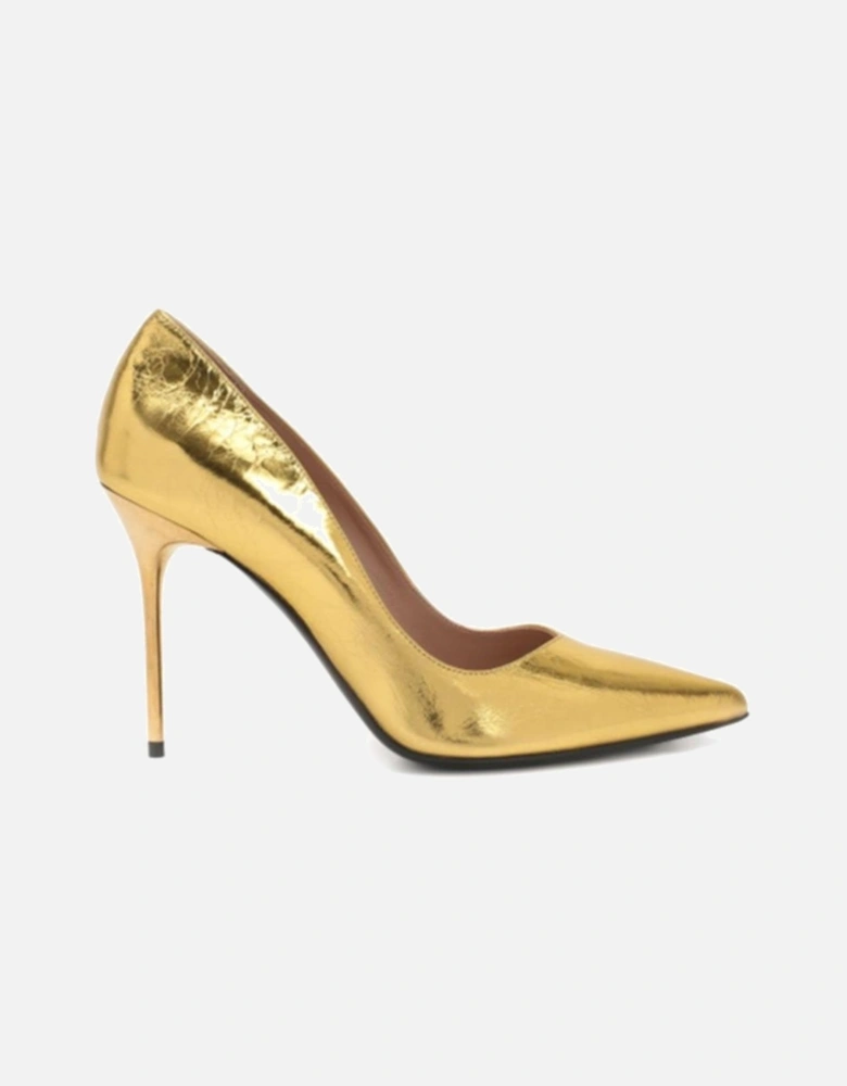 Wrinkled Effect Pointed Toe Leather Heels Women - Gold Pumps