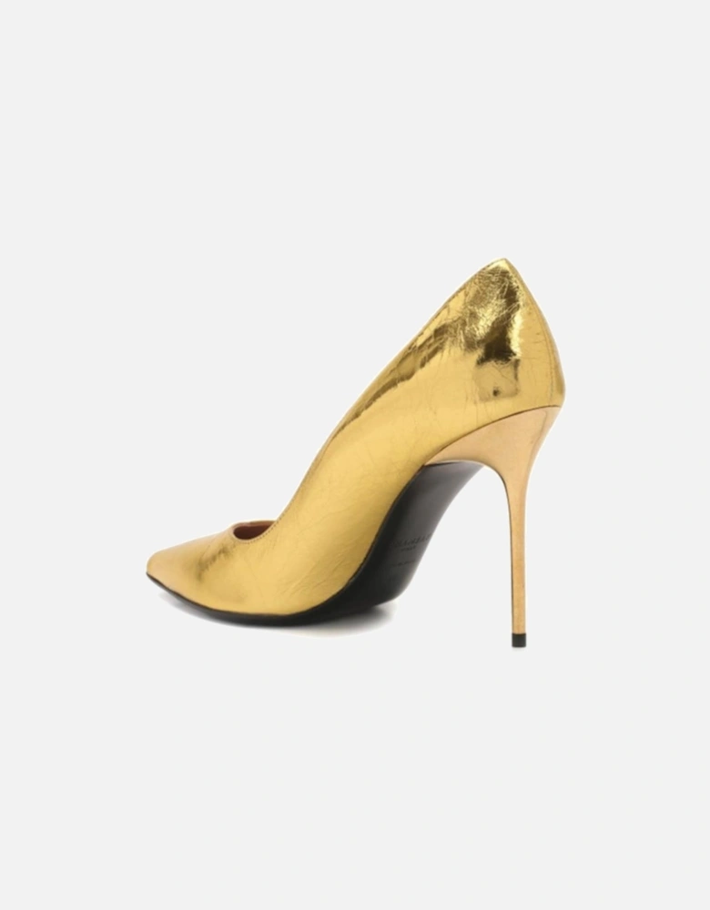 Wrinkled Effect Pointed Toe Leather Heels Women - Gold Pumps