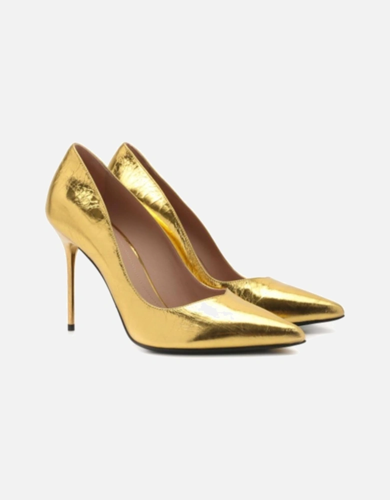 Wrinkled Effect Pointed Toe Leather Heels Women - Gold Pumps