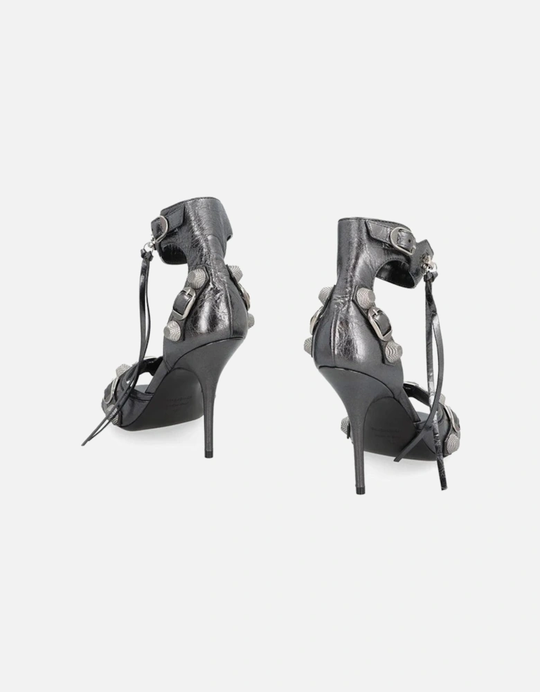 Calf Leather Studded Ankle Strap Heels Women - Gray Sandals