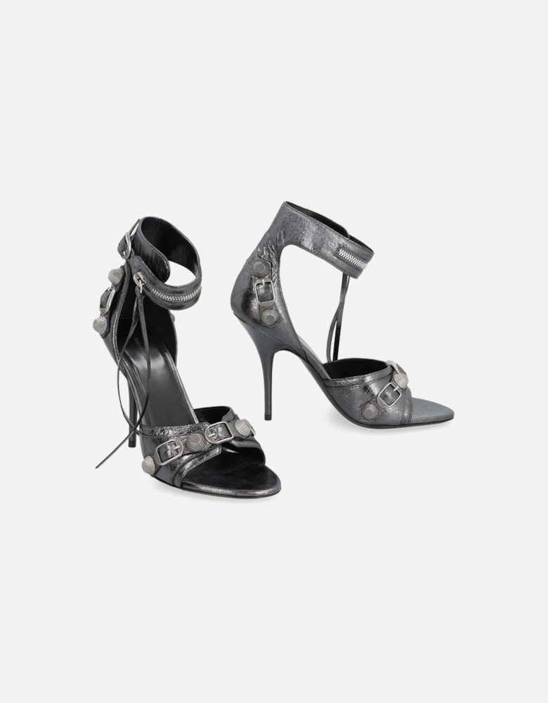 Calf Leather Studded Ankle Strap Heels Women - Gray Sandals