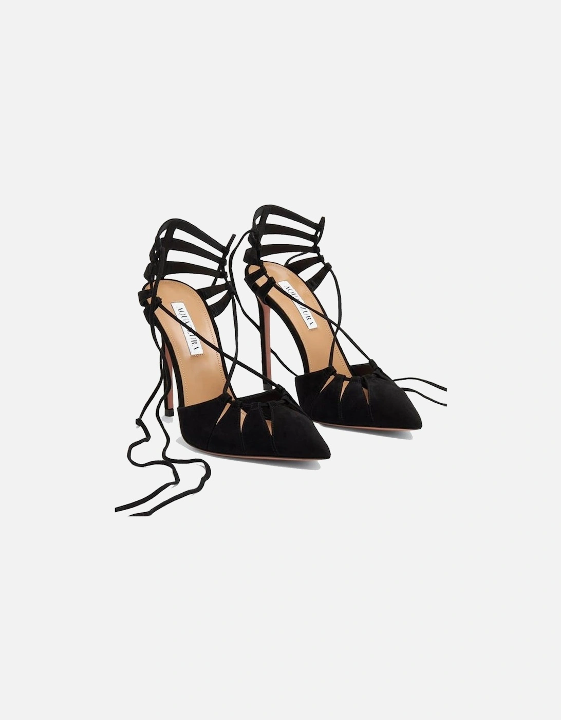 Suede Effect Pointed Toe Heeled Ankle Wrap Shoes Women - Black Pumps