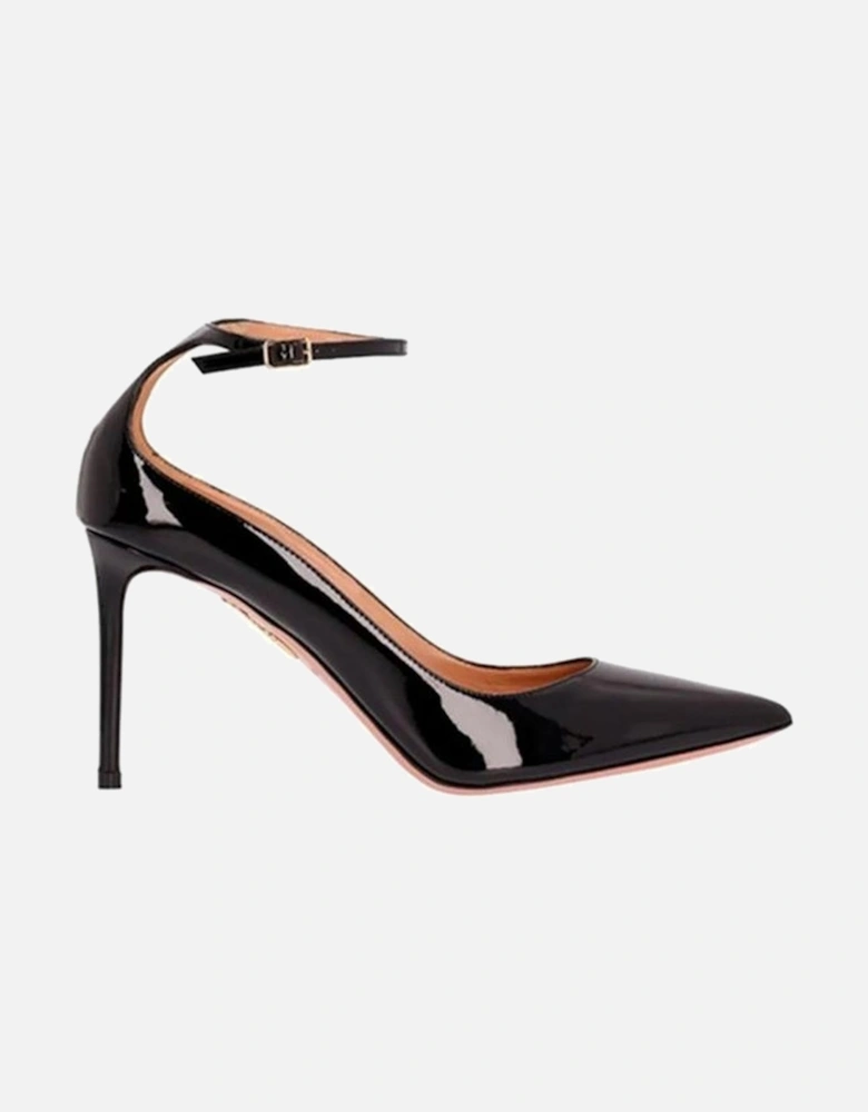Patent Leather Pointed Toe Heels with Ankle Strap Women - Black Pumps