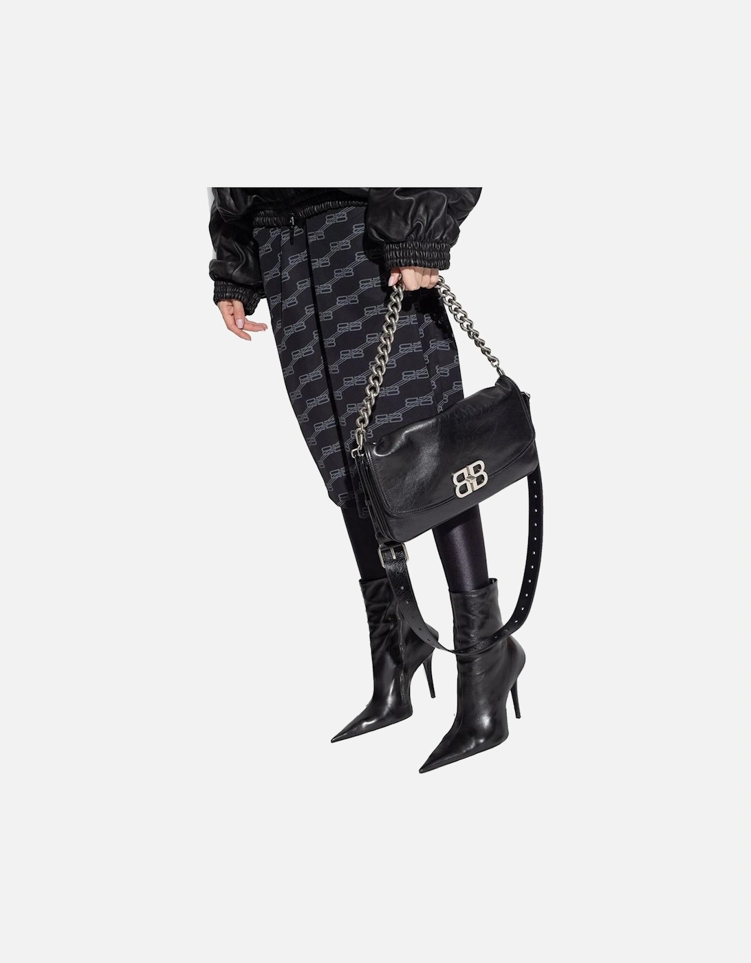 Shoulder Bag with Chain Accent and Adjustable Strap Women - Black