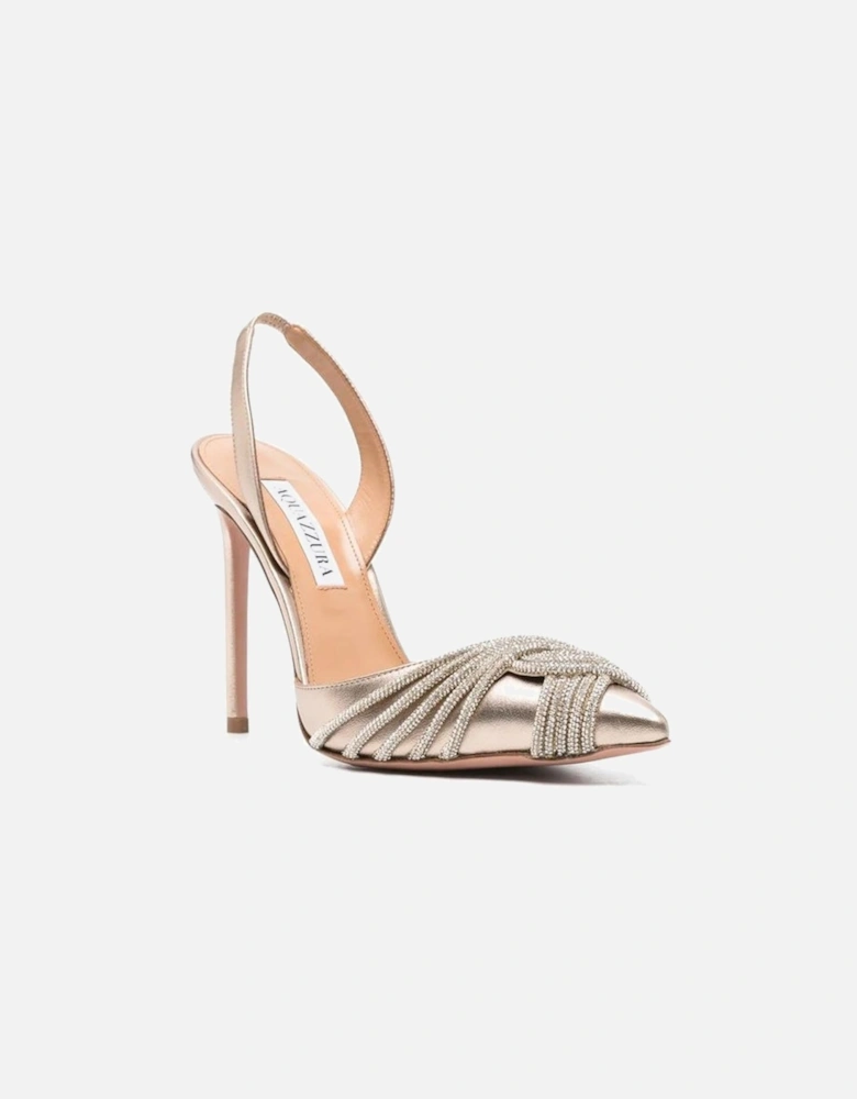 Crystal Embellished Pointed Toe Leather Heels Women - Beige Pumps