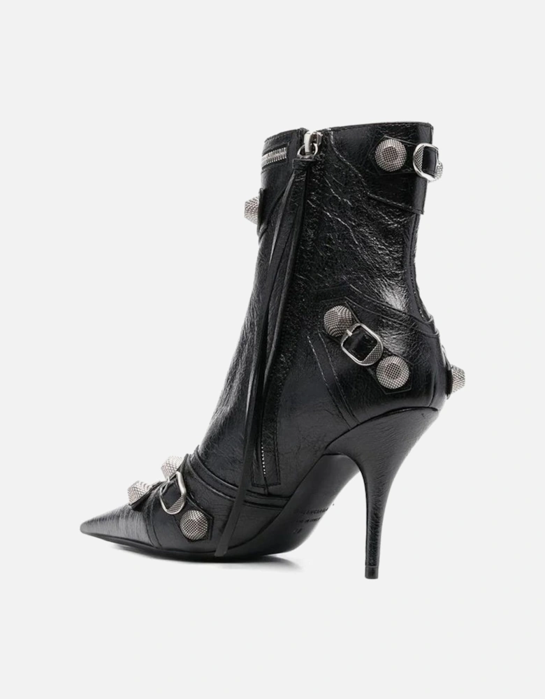 Pointed Toe Leather Boots with Studs and Buckle Straps Women - Black
