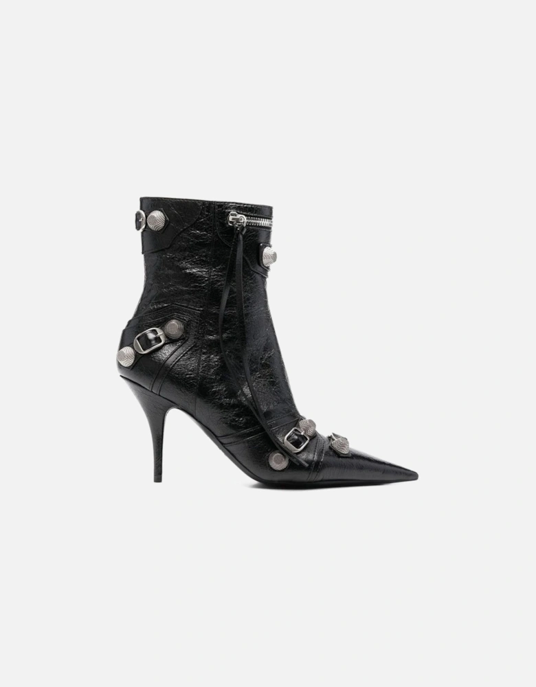 Pointed Toe Leather Boots with Studs and Buckle Straps Women - Black