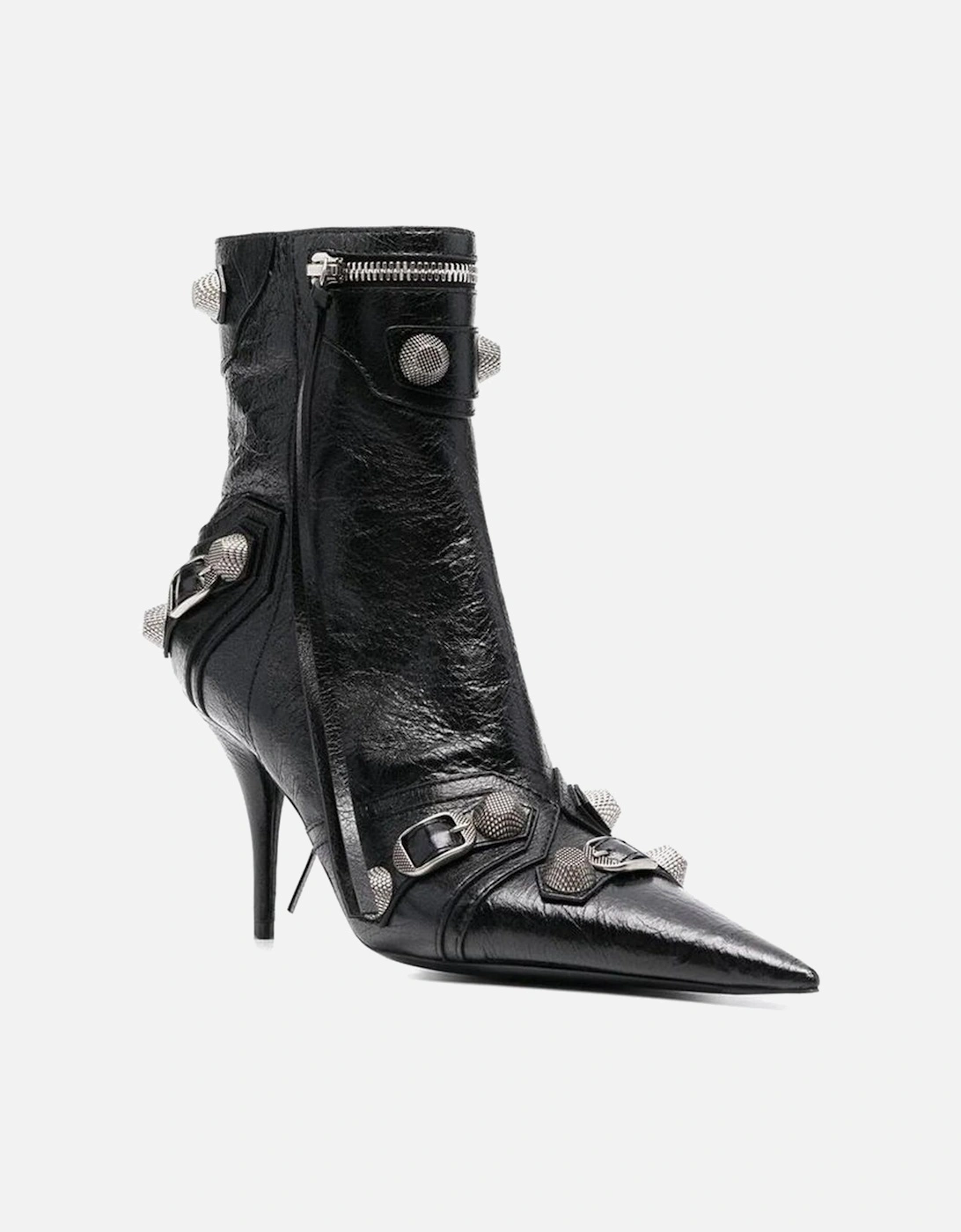 Pointed Toe Leather Boots with Studs and Buckle Straps Women - Black