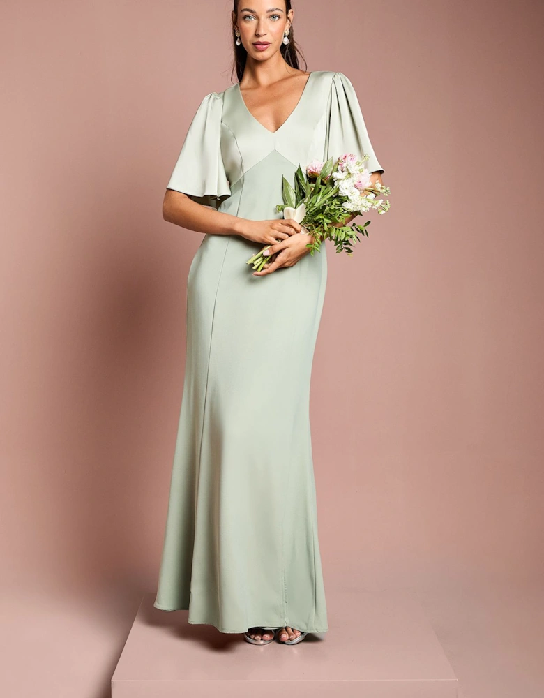 Contrast Satin Angel Sleeve Open Back Bridesmaid Dress
