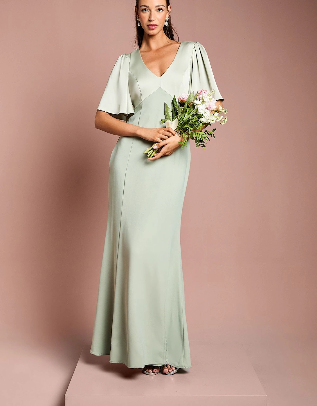 Contrast Satin Angel Sleeve Open Back Bridesmaid Dress, 2 of 1