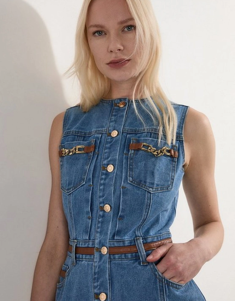 Petite Denim & Faux Leather Tipping Sleeveless Midi Dress