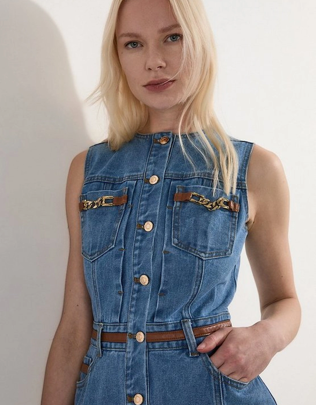 Petite Denim & Faux Leather Tipping Sleeveless Midi Dress, 2 of 1