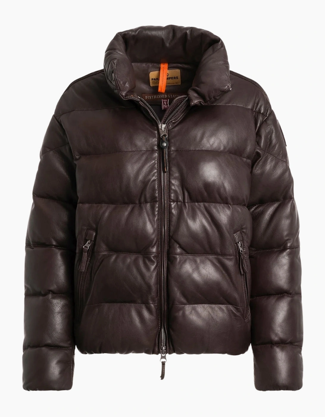 Women's Parajumpers Pia Leather Obsidian Dark brown Padded Leather Jacket - Size: 10/8