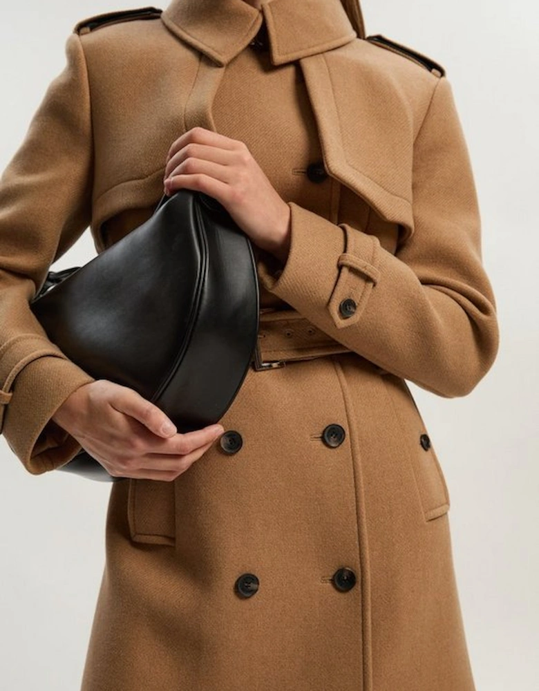 Wool Pu Mix Tailored Belted Trench Maxi Coat