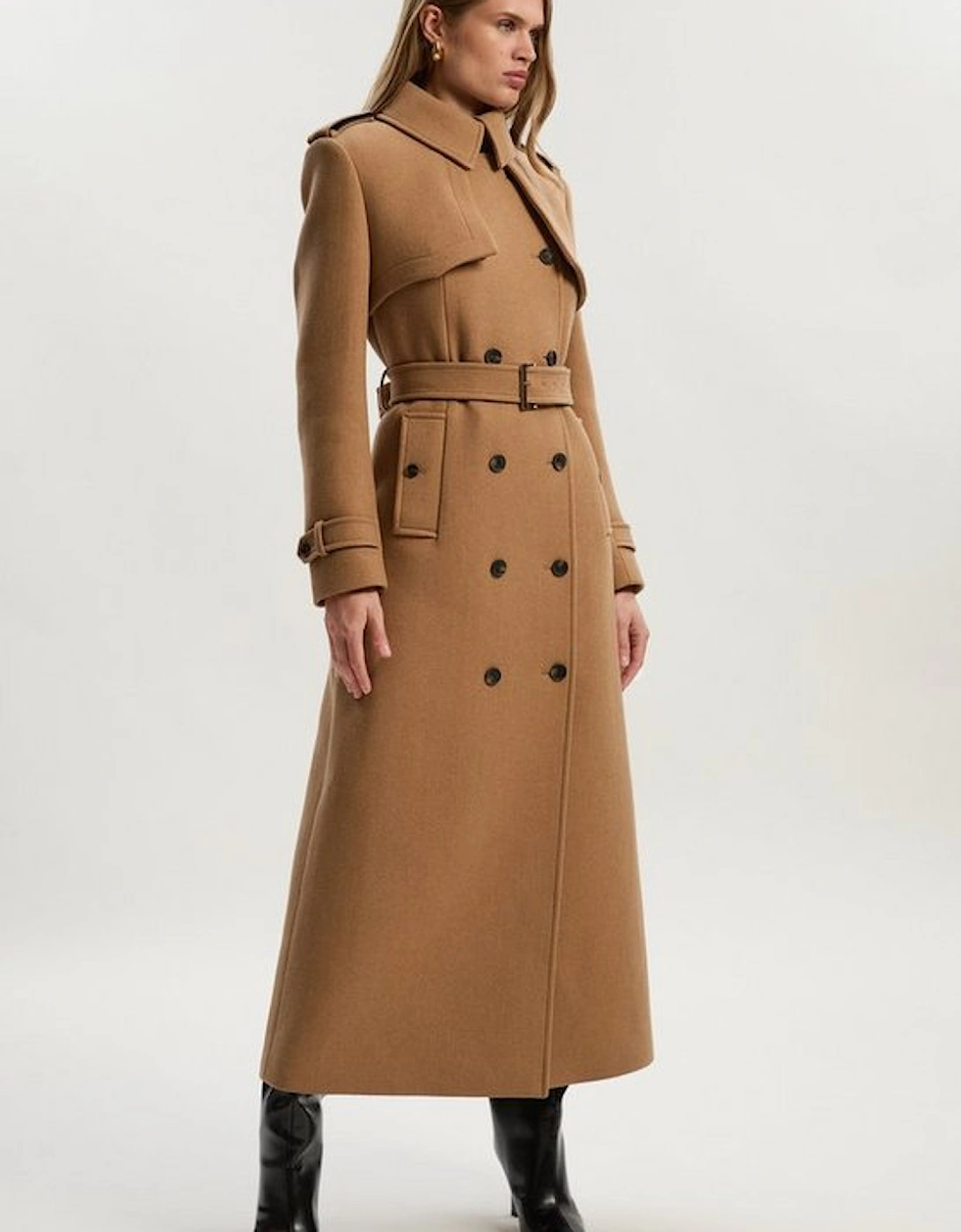 Wool Pu Mix Tailored Belted Trench Maxi Coat