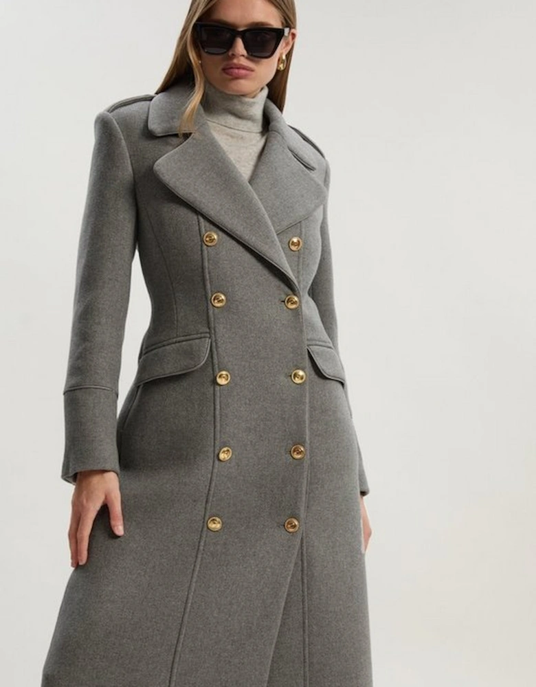 Wool Double Breasted Military Tailored Midi Coat