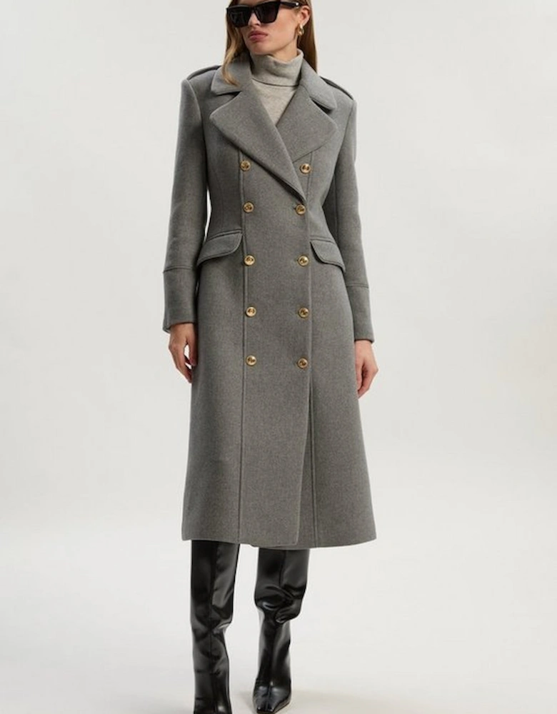 Wool Double Breasted Military Tailored Midi Coat
