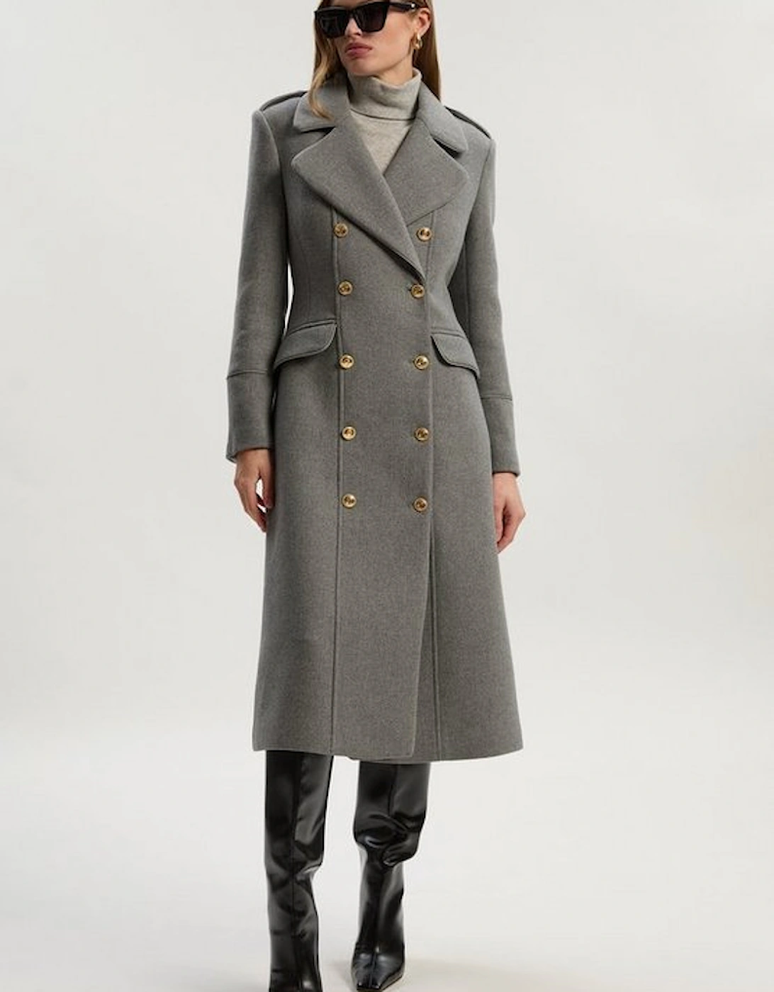 Wool Double Breasted Military Tailored Midi Coat