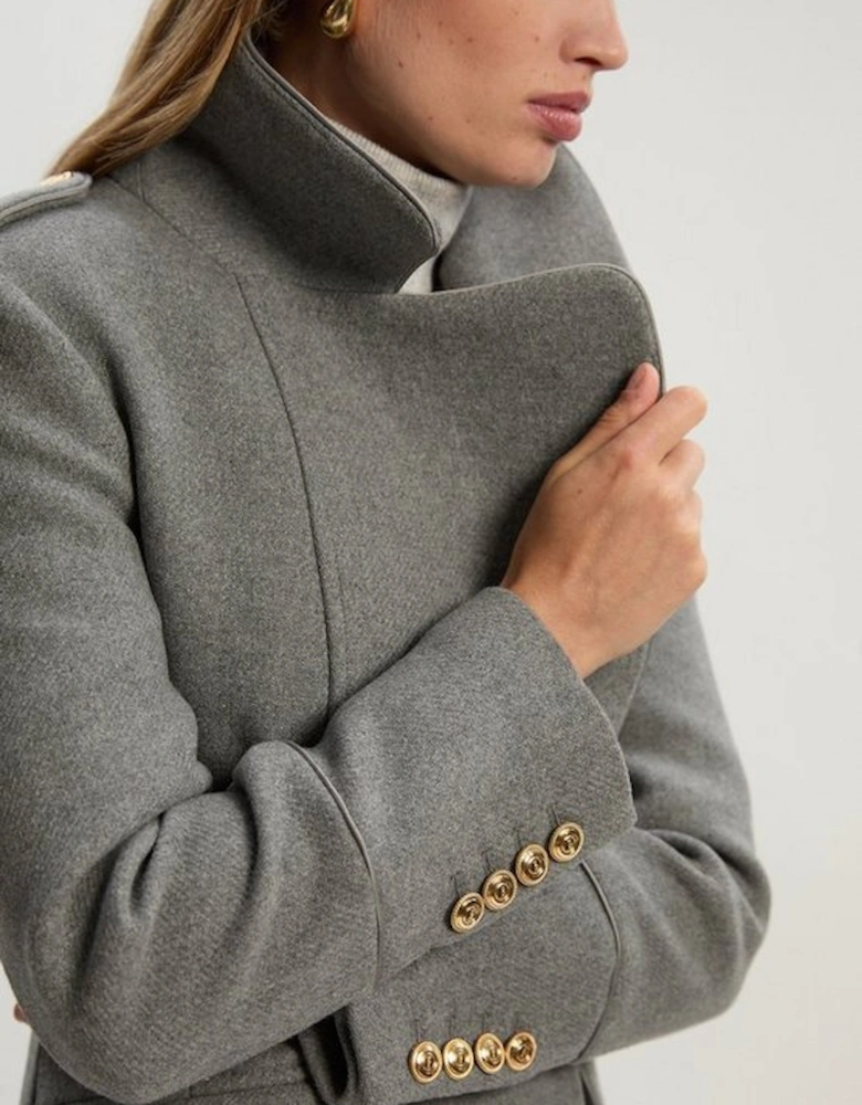 Wool Double Breasted Military Tailored Midi Coat