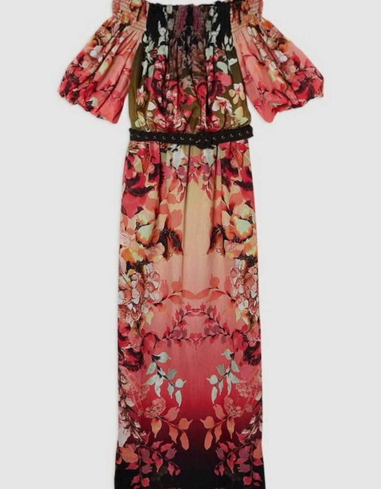 Voile Mirrored Floral Woven Bardot Midi Dress