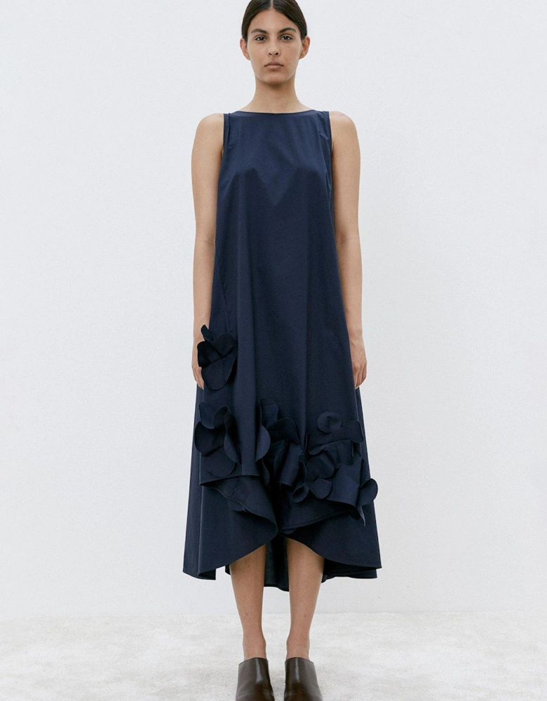 Dress with Flower Ruffle Hem - Navy
