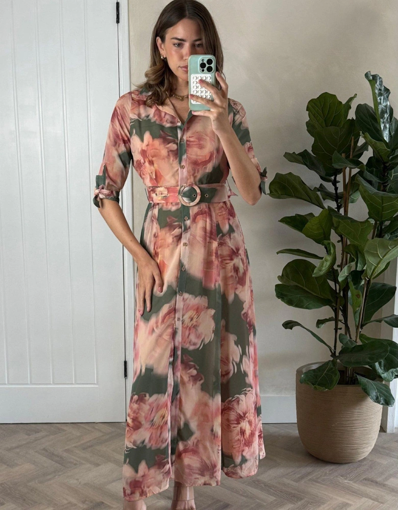 Chiffon Daphne Dress - Green/ Pink