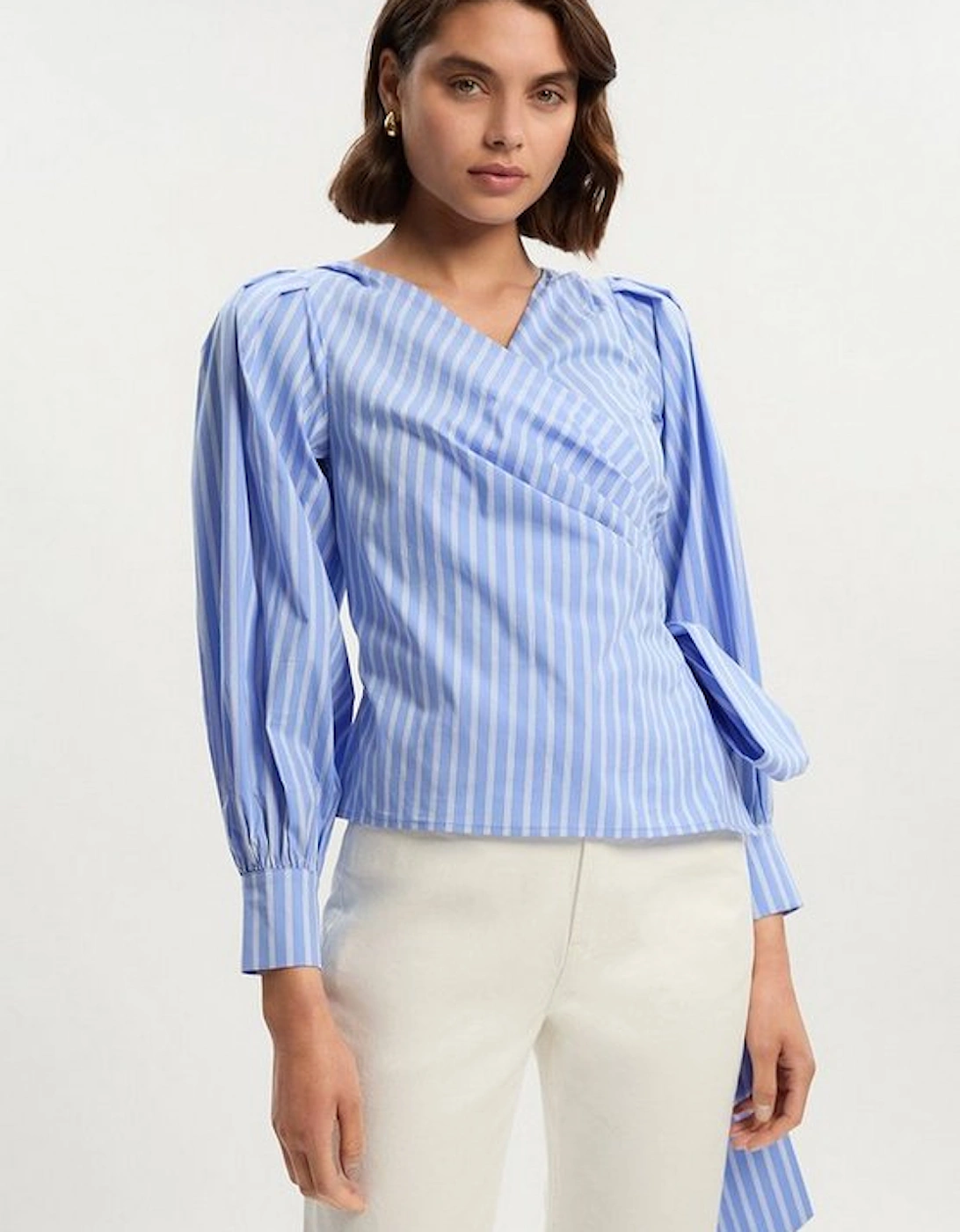 Stripe Cotton Poplin Cold Shoulder Woven Wrap Detail Blouse, 2 of 1