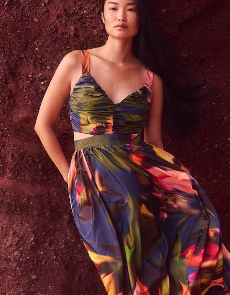 Petite Blurred Floral Drama Woven Taffeta Maxi Dress
