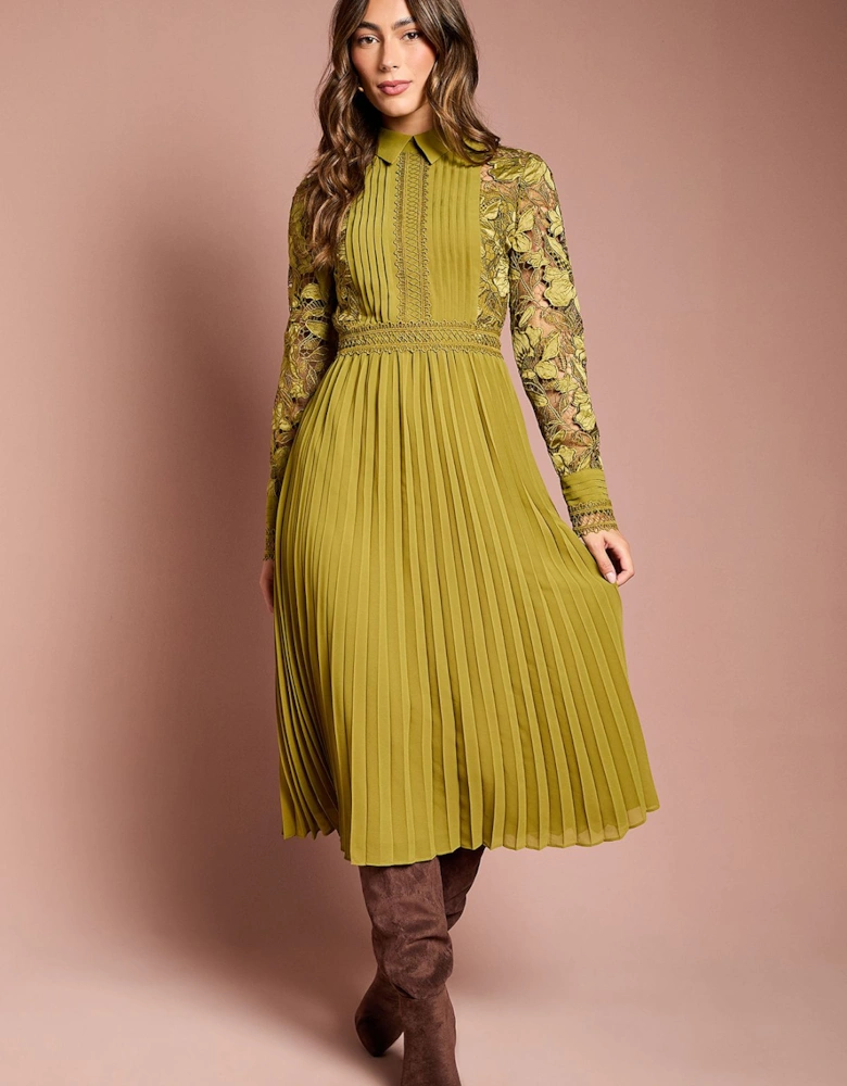Long Sleeve Lace and Pleated Midi Shirt Dress