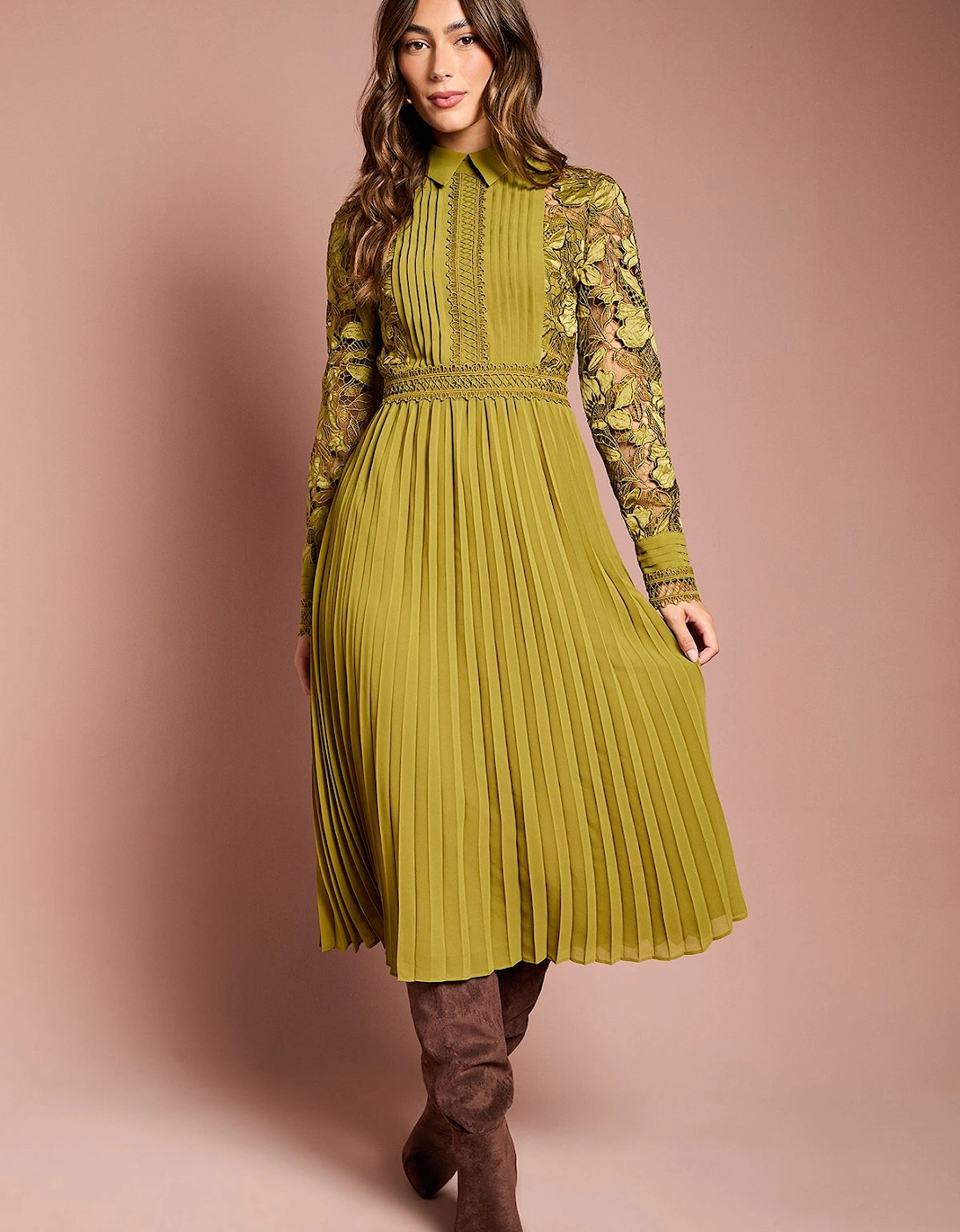 Long Sleeve Lace and Pleated Midi Shirt Dress, 2 of 1