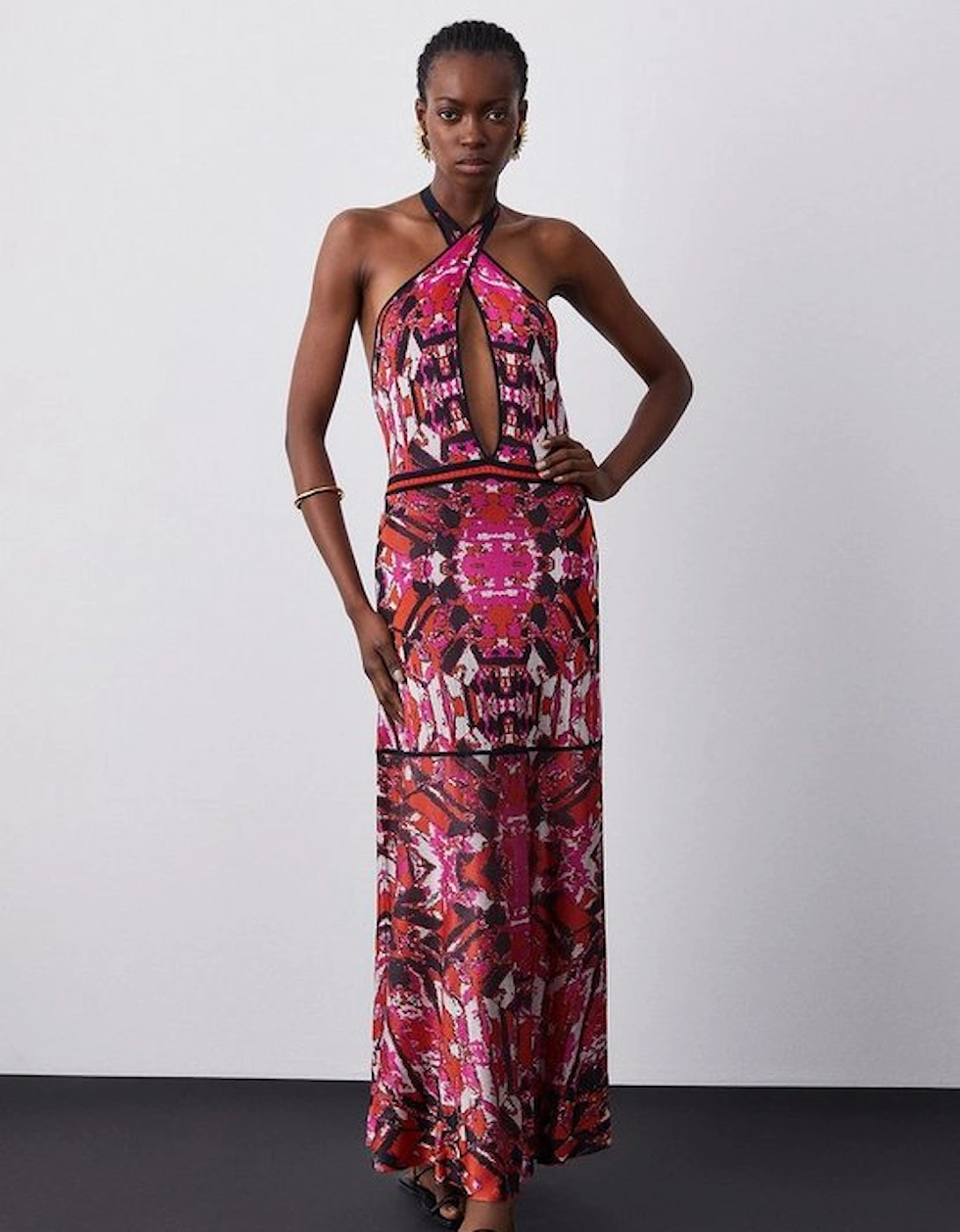 Slinky Knit Contrast Piping Halter Neck Maxi Dress, 5 of 4