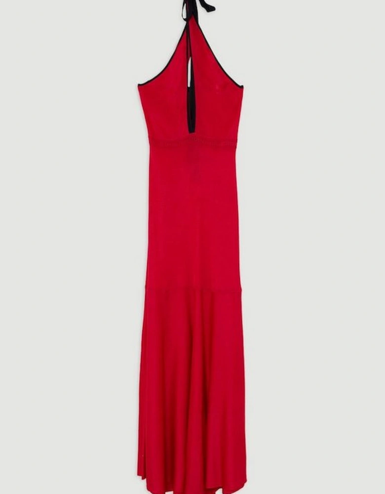 Slinky Knit Contrast Piping Halter Neck Maxi Dress