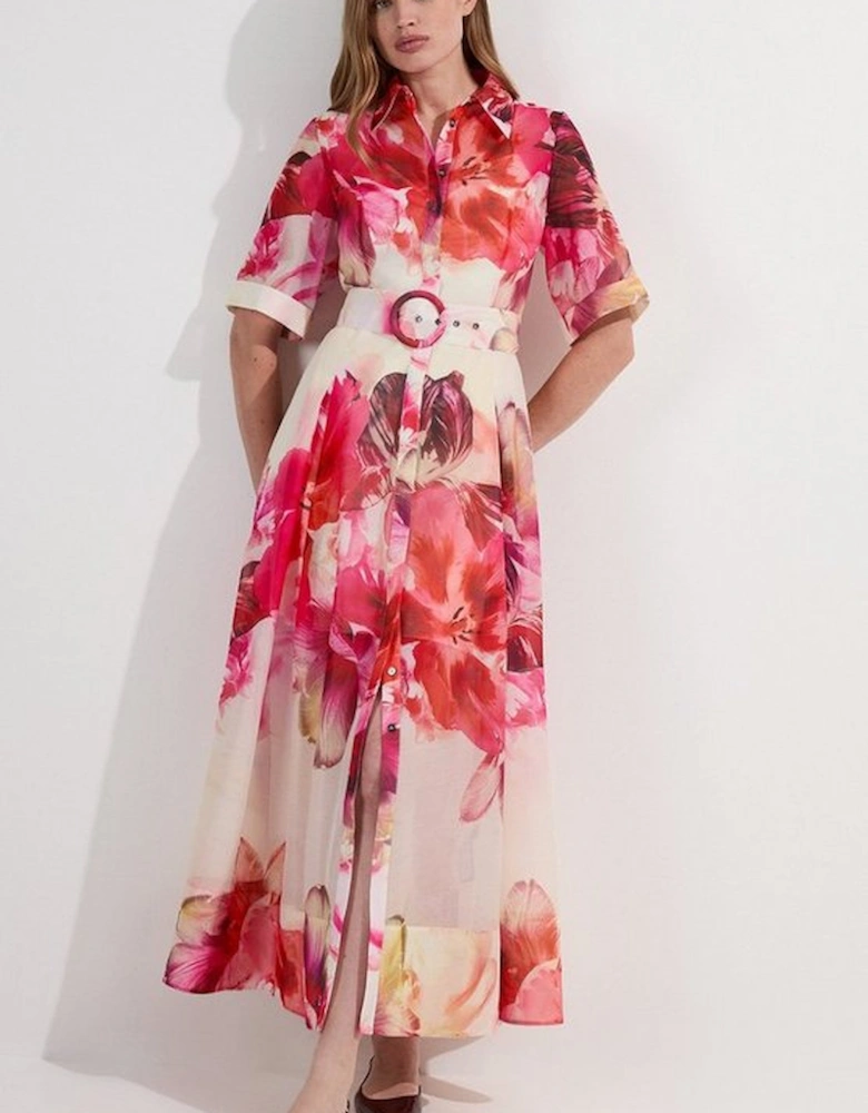 Floral Organdie Woven Midi Shirt Dress