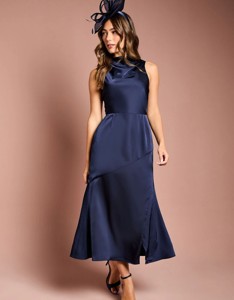 Cowl Neck Sleeveless Satin Midi Dress