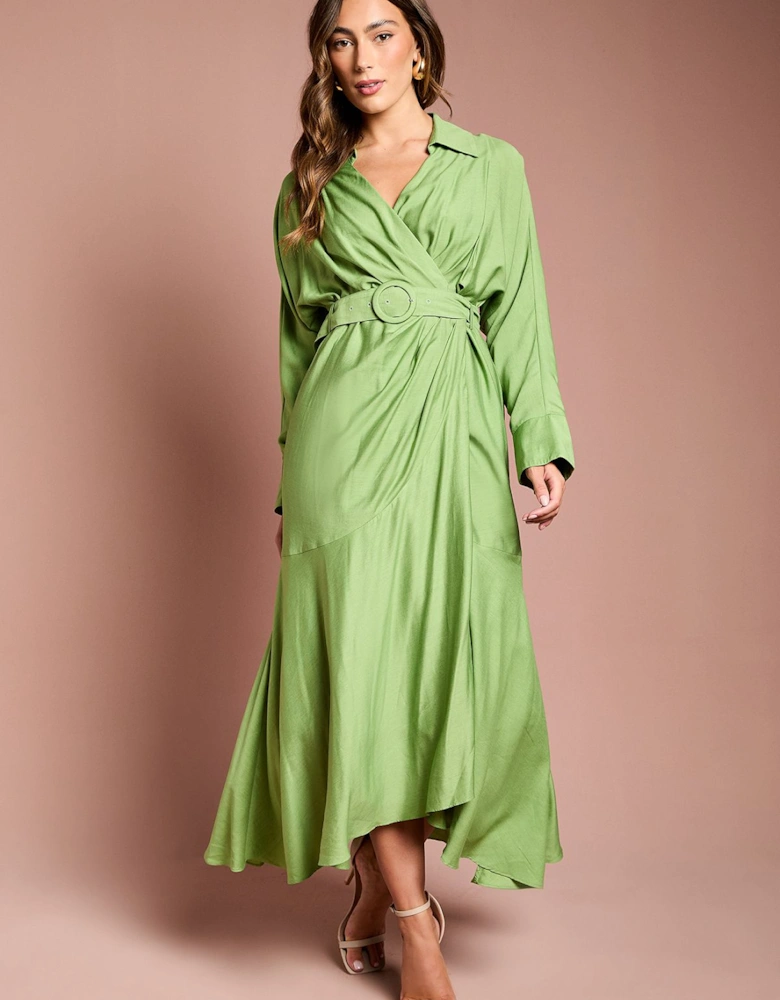 Twill Long Sleeve Wrap Dress With Belt
