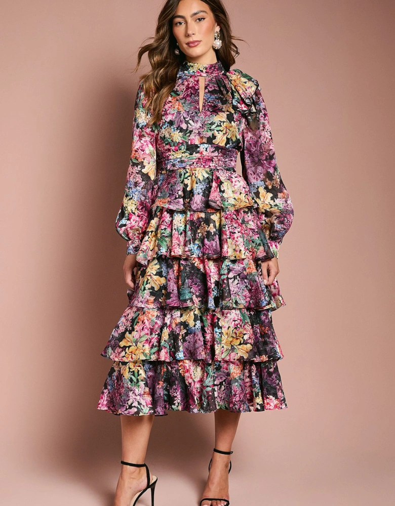 Long Sleeve Printed Chiffon Midaxi Dress With Tiered Skirt