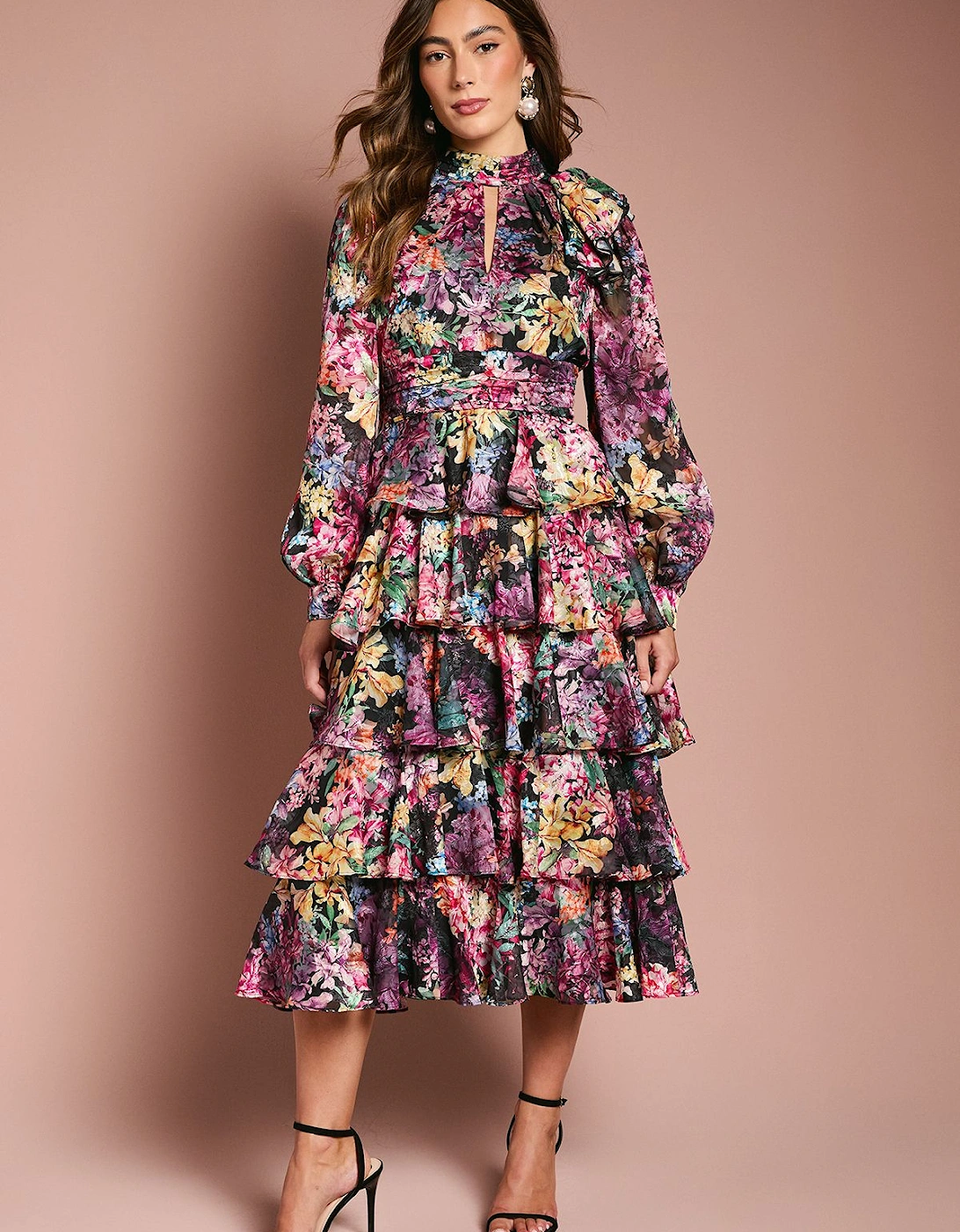 Long Sleeve Printed Chiffon Midaxi Dress With Tiered Skirt, 2 of 1
