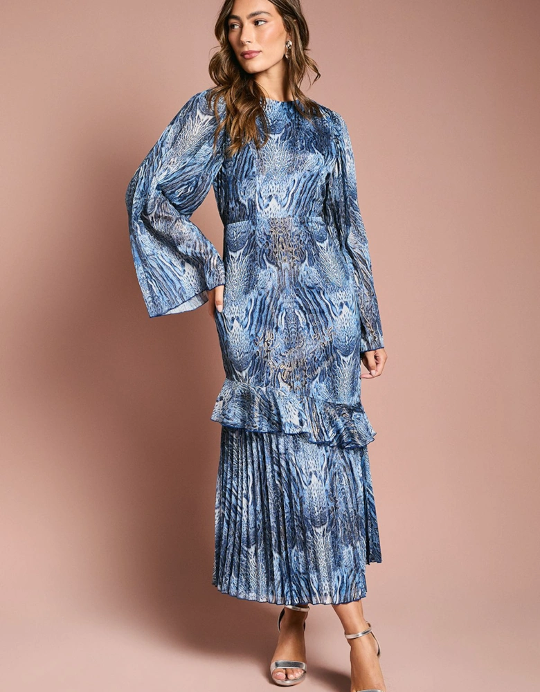 Flare Sleeve Midi Dress With Animal Print