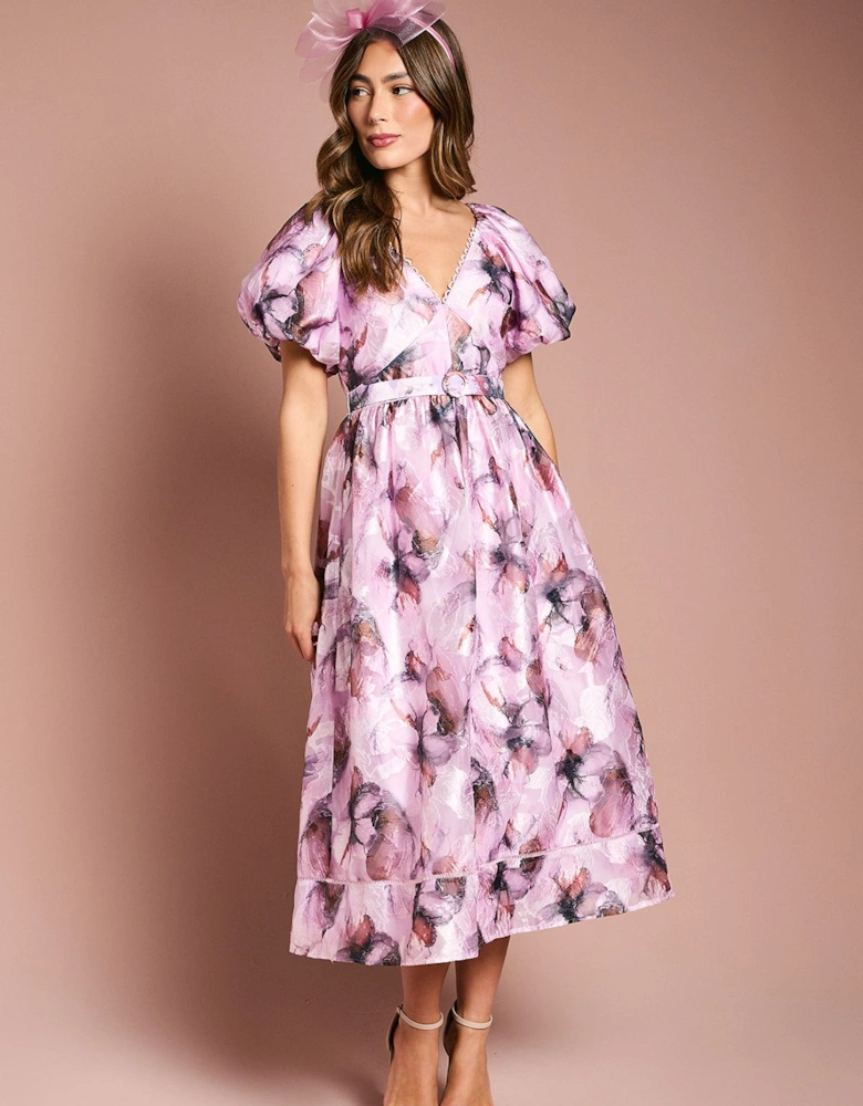 Short Puff Sleeve Jacquard Midi Dress With Belt