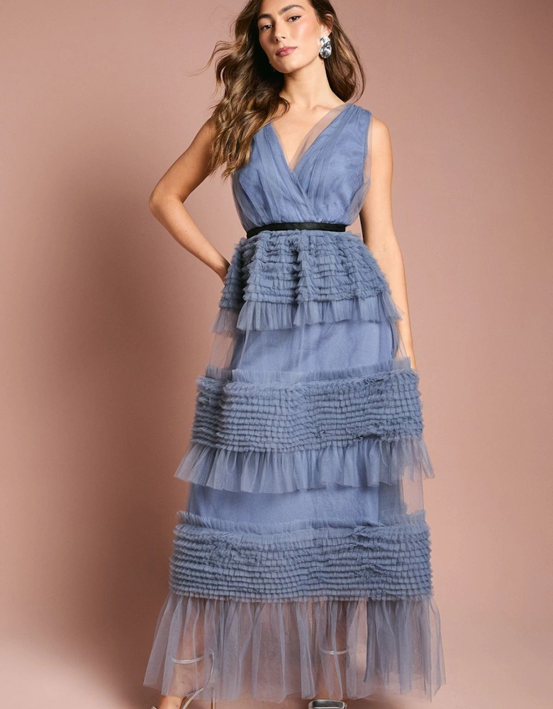 Sleeveless Mesh Wrap Top Maxi Dress