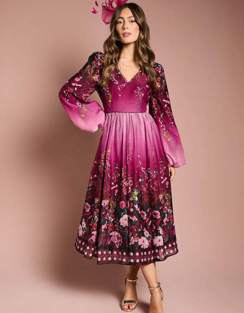 Long Sleeve V Neck Boarder Floral Print Midi Dress