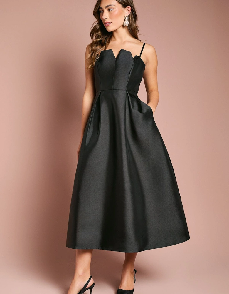 Notch Neck Detail Twill Midi Dress