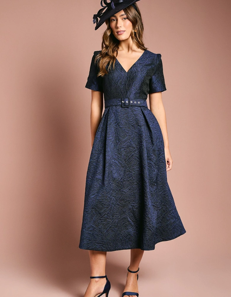 Short Sleeve Jacquard Midi Dress With Belt