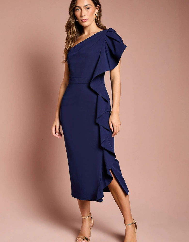 One Shoulder Ruffle Crepe Pencil Midi Dress