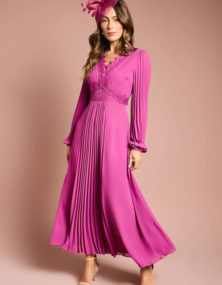 Pleat Detail Lace Trim Maxi Dress